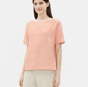 Eileen Fisher Organic Cotton Peach Gauze Bateau Neck Top Size Large
